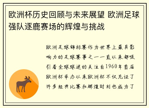欧洲杯历史回顾与未来展望 欧洲足球强队逐鹿赛场的辉煌与挑战 欧洲杯历史回顾与未来展望 欧洲足球强队逐鹿赛场的辉煌与挑战