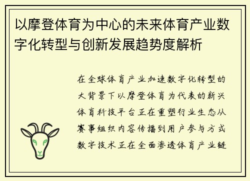 以摩登体育为中心的未来体育产业数字化转型与创新发展趋势度解析