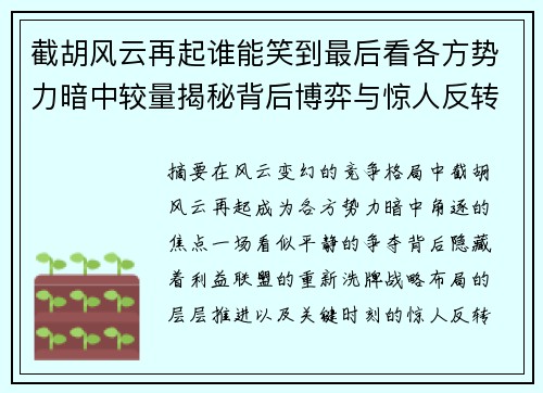 截胡风云再起谁能笑到最后看各方势力暗中较量揭秘背后博弈与惊人反转